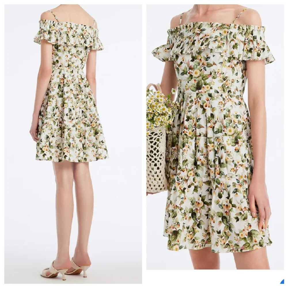 Floral Off-Shoulder Summer Dress in White and Green